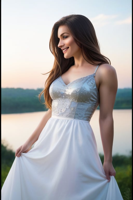 A stunning young woman with long hair and bright smile gazes off-camera to her left, her features illuminated by soft, warm light. Her slender figure is clad in a flowy white dress that drapes elegantly across her toned physique. Framed against a serene, cloudy blue sky, the subject's profile is set against a subtle gradient of gentle hills, conveying a sense of tranquility.