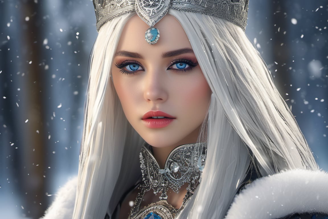 A fierce female warrior fighting in a snowy forest, in Medieval cloak, fur trimmed cloak, long hair, looking at viewer, blue eyes, simple background, (hair ornament), gem, tassel, hair between eyes, jewelry, upper body, earrings, lips, fur trim, eyelashes, portrait, beads, emo, (sharp eyes:1.4), (rebellious:1.4), (fierce:1.4), (standing: 1.2), silver-white hair, Gothic make-up, tough, wild. Kyoto Animation stylized anime, cinematic Lighting, ethereal light, intricate details, extremely detailed, incredible details, full colored, complex details, insanely detailed and intricate, hyper maximalist, gorgeous light and shadow, detailed decoration, detailed lines. Masterpiece, best quality, aerial view, HDR, UHD, unreal engine. looking at the camera, dark Fantasy background, representative, fair skin, beautiful face,A beautiful girl, blonde hair, dynamic character, detailed exquisite face, bold high quality, high contrast,art_booster,DonMS4kur4XL