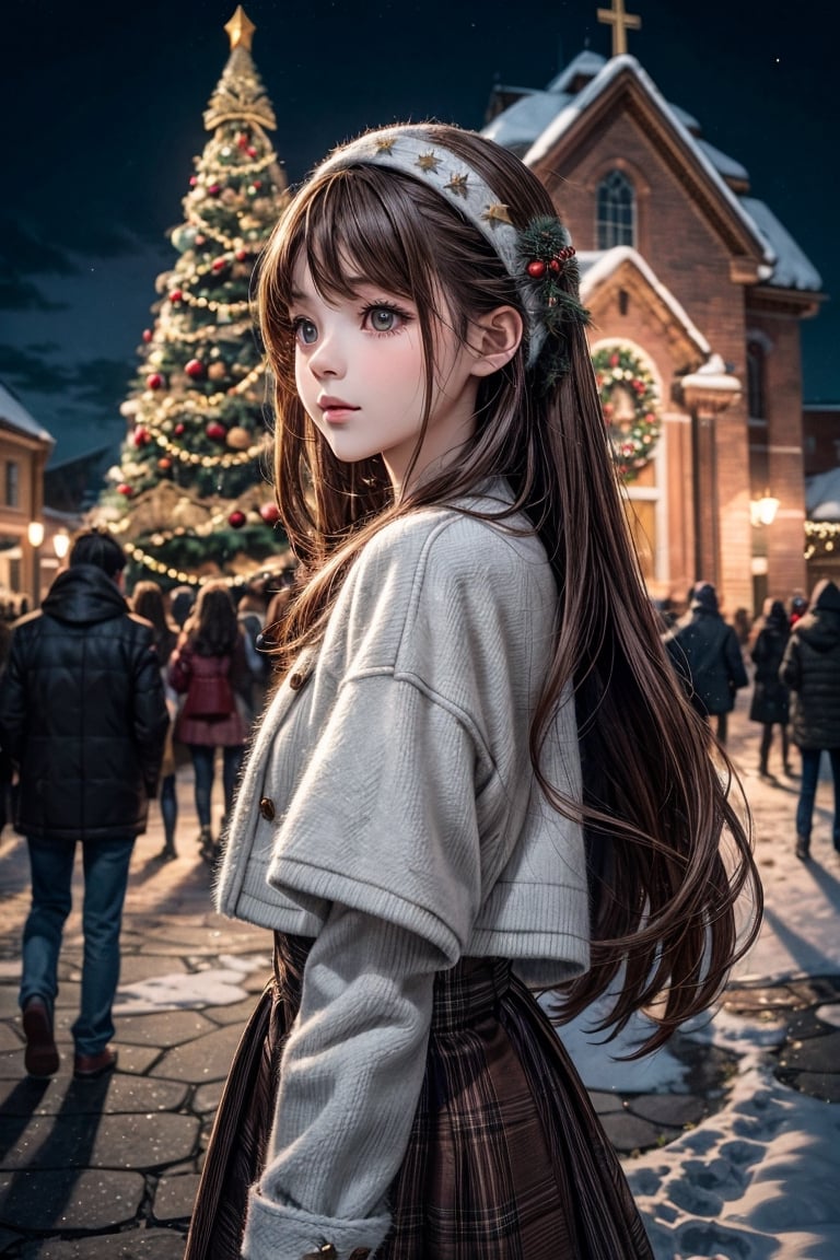 On Christmas Eve when it snowed, in the square in front of the church, dressed in Christmas clothes,((1 human girl, long brown hair)),(Low light source),((snowing outside)),(((At midnight))),((starry sky)), Gorgeously decorated Christmas tree