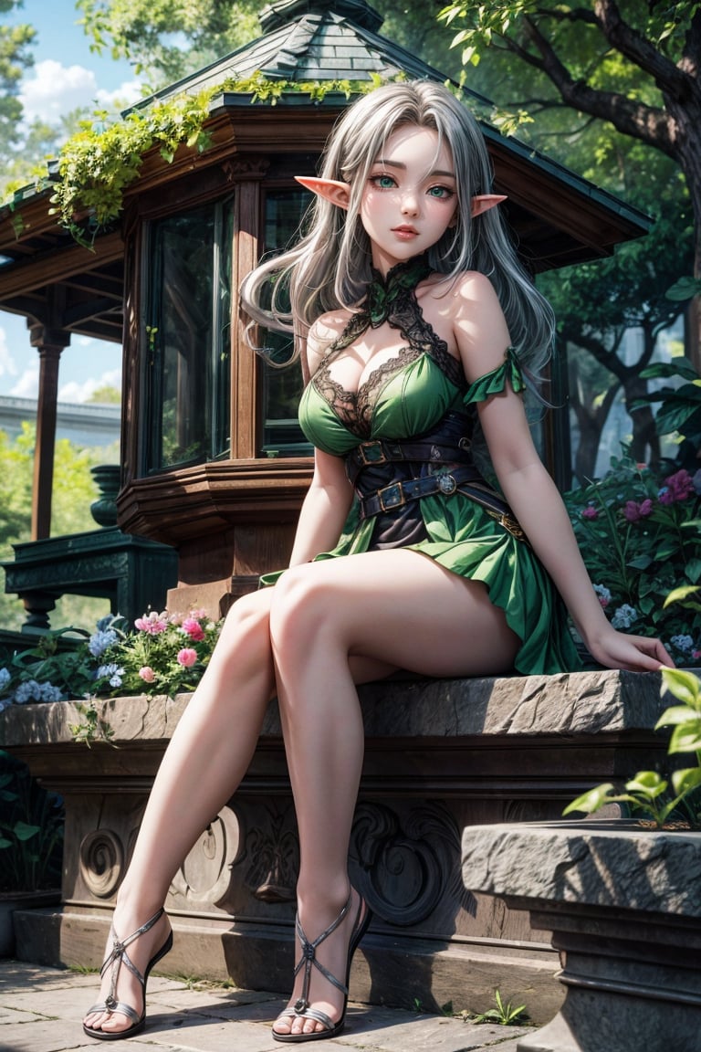 A garden full of greenery, a green garden, a stone gazebo with many climbing plants attached, and a silver-haired, busty female elf sitting in a gazebo with short skirts showing her thighs and bare feet
