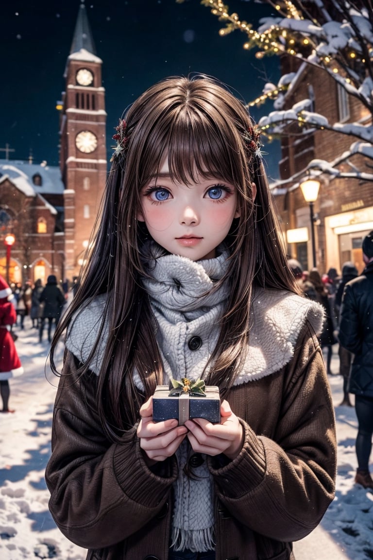 On Christmas Eve when it snowed, in the square in front of the church, dressed in Christmas clothes,((1 human girl, long brown hair)),(Low light source),((snowing outside)),(((At midnight))),((starry sky)), Gorgeously decorated Christmas tree,((Holding a gift in both hands))