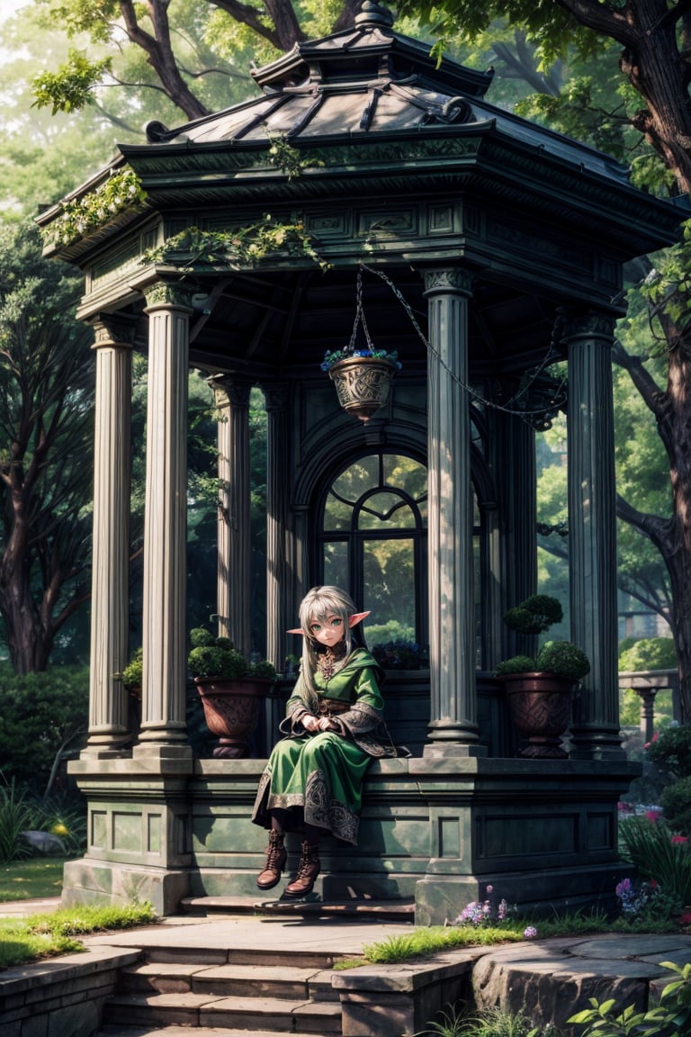 A garden full of greenery, a green garden, a stone pavilion with many climbing plants attached, and a silver-haired female elf sitting in the gazebo