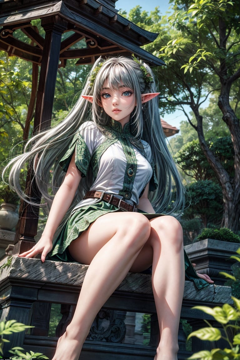 A tree-lined garden, a green garden, a stone gazebo with many climbing plants, and a silver-haired plump female elf sitting in the gazebo, her short skirt showing her thighs and bare feet, the 5 toes of her right foot and the 5 toes of her left foot are very beautiful