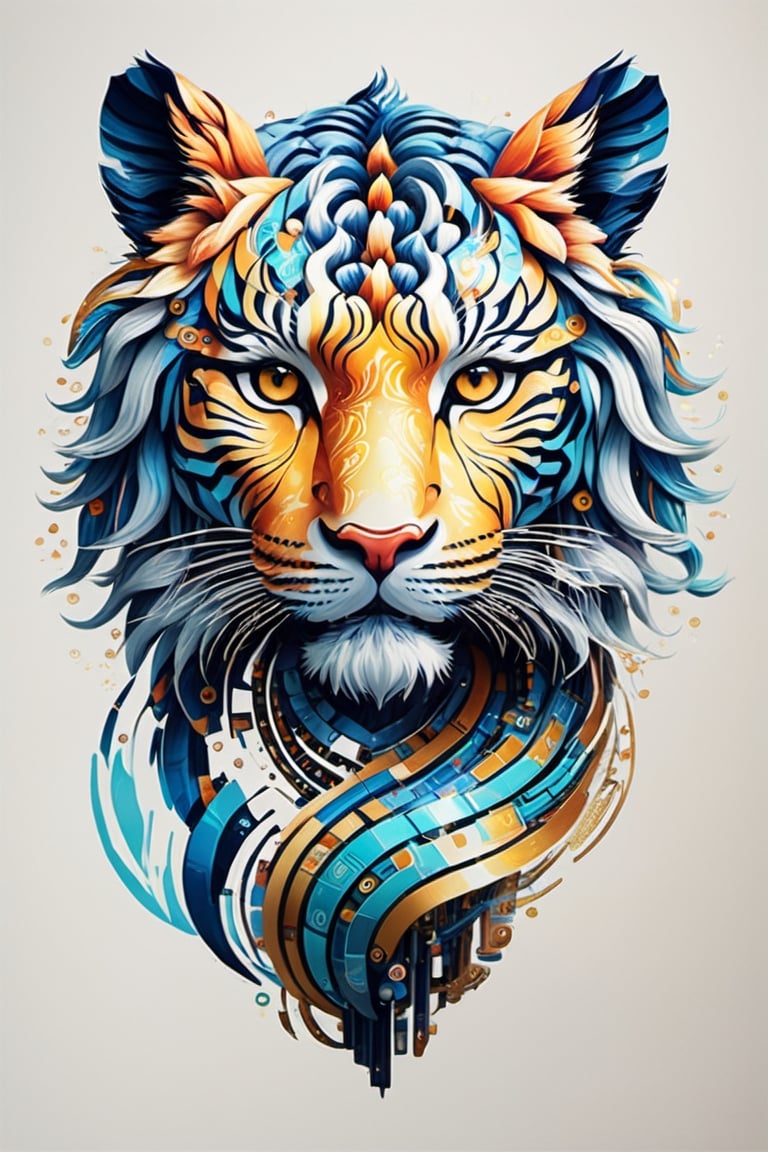Generate a mascot in the likeness of a mythical android tiger, with a body composed of polished chrome and circuits, adorned with holographic labyrinths of creativity. Bright background, plain design ,chinese ink drawing, tshirt design