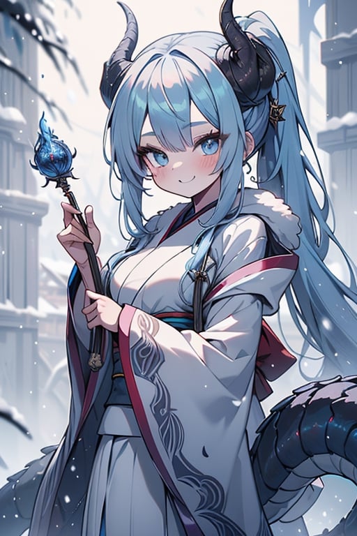 light blue hair, blue eyes, dragon horns, sorceress, magician's tunic, snow coat, smiling, mischievous, capricious, spoiled, pampered, white kimono, gadget sorceress, long hair up, long white skirt, good quality , masterpiece, excellent quality, perfect face, dragon tail.
