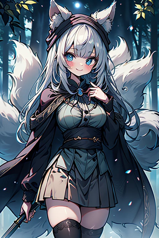 white blue hair, blue eyes, vintage style cape coat, friendly face, skirt, headscarf, killer, happy smile, bangs, in the forest at night, masterpiece, detailed, high quality, absurd, the most human strong of all, bearer of the hope of the world, long hair, black stockings, masterpiece, excellent quality, excellent quality, perfect face, medium breasts, kitsune ears, kitsune tail.


