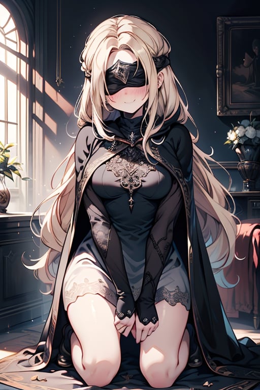 masterpiece, detailed, high quality, absurd, blindfirekeeper, 1girl, alone, blush, medium breasts, curvy, transparent white dress, black cape, black robe like a clairvoyant, guardian of the future, friendly smile, blonde, long hair, living room astrology, kneeling, black blindfold covers her eyes.


,blindfirekeeper