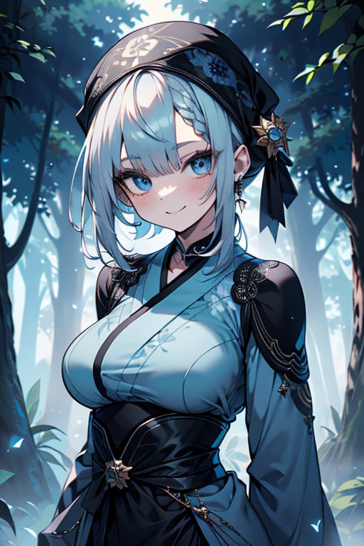 white blue hair, blue eyes, blue kimono outfit with black edges, friendly face, a black spandex that covers his entire body, headscarf, killer, happy smile, bangs, in the forest at night, masterpiece, detailed, high quality, absurd, the strongest human of all, bringer of the world's hope, short hair, black lycra, masterpiece, excellent quality, excellent quality, perfect face, medium breasts

