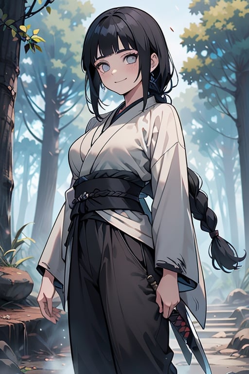 kind woman, black hair, medium hair, hair in braid down to her back, a single braid, dirty clothes, warrior, beast tamer, the killer of gods, black eyes, old clothes, alone, forest, kind smile, innocent, breasts small, tall woman, amazon, samurai, gray kimono jacket ideal for combat, wide pants, happy, friendly, good person, katanas sheathed at her waist, masterpiece, good quality, swords well positioned at her waist, good hands, aquamarine belt.



,hinata(boruto),hinata (shippuden)