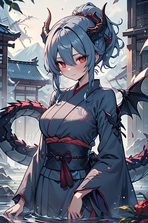 dragon woman, wingless, medium hair, shy face, blue kimono, blue hair, dragon horns, dragon tail, red eyes, dragon horns, medium breasts, beautiful, the sword maiden, tail attached to the body, her power comes from of primordial water, masterpiece, very good quality, excellent quality, perfect face, samurai, mother of the family, master of combat, wise, bangs that cover her eyes,hair up,Japanese house.