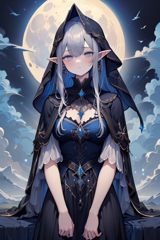 gray hair with blue tones, black witch clothes, moon earrings, gray eyes, dark circles, sleepy, dream witch, pointy ears, elf,  medium hair., veil,masterpiece, detailed, high quality, absurdres.