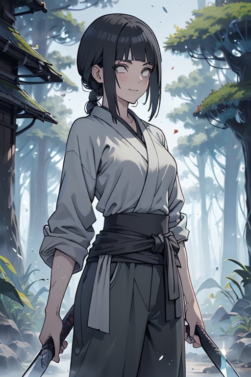 kind woman, black hair, medium hair, hair in braid down to her back, a single braid, dirty clothes, warrior, beast tamer, the killer of gods, black eyes, old clothes, alone, forest, kind smile, innocent, breasts small, tall woman, amazon, samurai, gray kimono jacket ideal for combat, wide pants, happy, friendly, good person, katanas sheathed at her waist, masterpiece, good quality, swords well positioned at her waist, good hands, aquamarine belt.



,hinata(boruto)