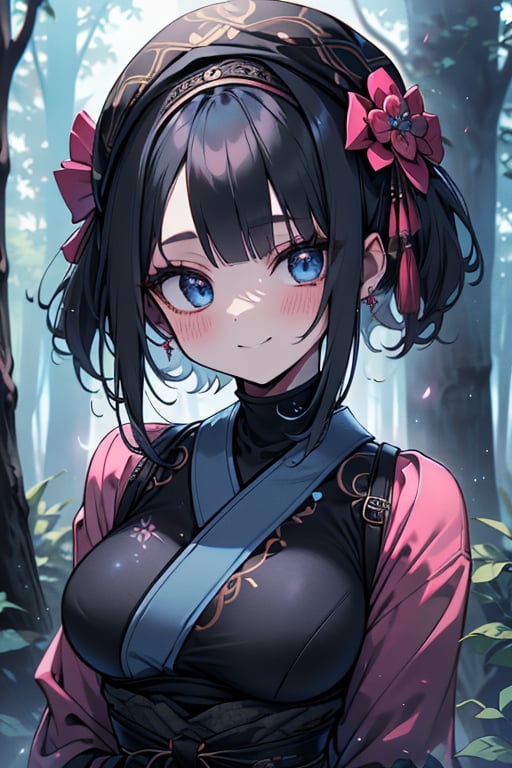 dark blue hair, blue eyes, pink kimono outfit with black edges, friendly face, a black spandex that covers his entire body, headscarf, killer, happy smile, bangs, in the forest at night, masterpiece, detailed, high quality, absurd, the strongest human of all, bringer of the world's hope, short hair, black lycra, masterpiece, excellent quality, excellent quality, perfect face, medium breasts

