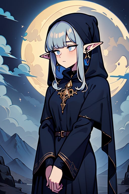 gray hair with blue tones, black witch clothes, moon earrings, gray eyes, dark circles, sleepy, dream witch, pointy ears, elf,  medium hair., veil.