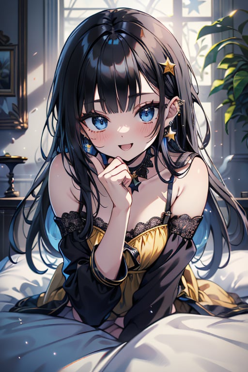 black hair, blue eyes, yellow babydoll, friendly face, killer, happy smile, bangs, masterpiece, star earrings, detailed, high quality, absurd, the strongest human of all, bearer of the world's hope masterpiece, excellent quality , excellent quality, perfect face, long hair, sexy pose, bed
