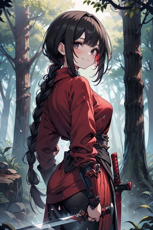 kind woman, black hair, medium hair, hair in a long braid down to the back, dirty clothes, warrior, dual sword wielder, beast tamer, the slayer of gods, black eyes, old clothes, sweatshirt, alone, red armor that covers her breasts, forest, kind smile, innocent, small breasts, tall woman, amazon, samurai.

