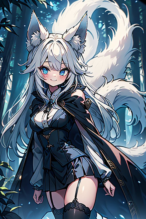 white hair, blue eyes, coat with blue vintage style cape, friendly face, skirt, killer, happy smile, blows, in the forest at night, masterpiece, detailed, high quality, absurd, long hair, black stockings, masterpiece, excellent quality, perfect face, medium breasts, kitsune ears, kitsune tail.

