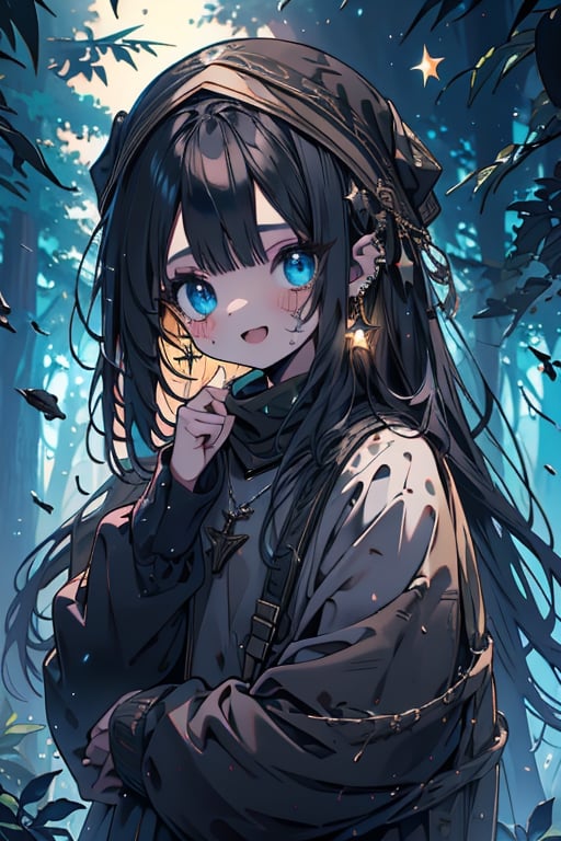 black hair, blue eyes, yellow attush, friendly face, headscarf, little girl, happy smile, bangs, in the forest at night, masterpiece, star earrings, detailed, high quality, absurd , strongest human being of all, bearer of the hope of the world, long hair, necklace of scales,perfect face,8 year old girl,
,best quality,Poor thing, dirty clothes, mud on the face.
