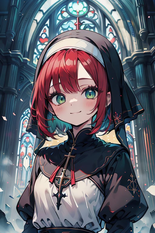 woman of extreme beauty, innocent, nun, loli, small body, green eyes, red hair, short hair, kind, bright smile, perfect face (beautiful finely detailed eyes), masterpiece, very good quality, excellent quality, church.
