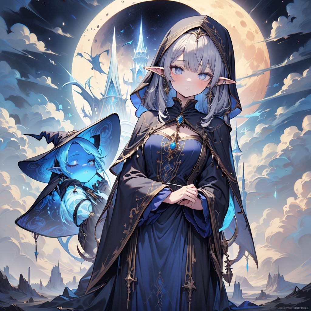 gray hair with blue tones, black witch clothes, moon earrings, gray eyes, dark circles, sleepy, dream witch, pointy ears, elf,  medium hair., veil.