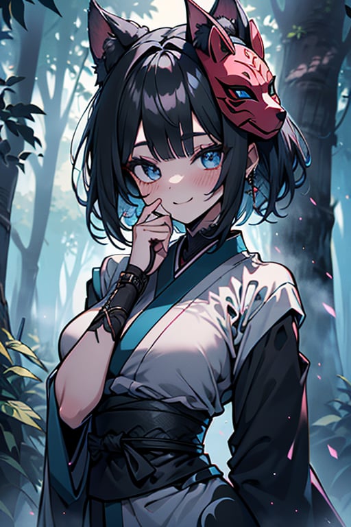 dark blue hair, blue eyes, pink kimono with black edges, friendly face, a black spandex that covers his entire body, killer, happy smile, bangs, in the forest at night, masterpiece, detailed, high quality, absurd, the human strongest of all, bearer of the hope of the world, short hair, black lycra, masterpiece, excellent quality, excellent quality, perfect face, medium breasts, kitsune mask, face completely covered, her face cannot be seen.

