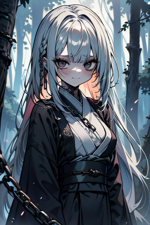 white hair, black eyes, dirty and poor black kimono, sad face, lost, sad smile, slave, chains, bangs, in the forest at night, high quality, absurd, the human who longed for freedom, long hair, masterpiece, excellent quality, excellent quality, perfect face,teenager, small breasts, 16 year old appearance,scars, depressed, poor, torn clothes.


