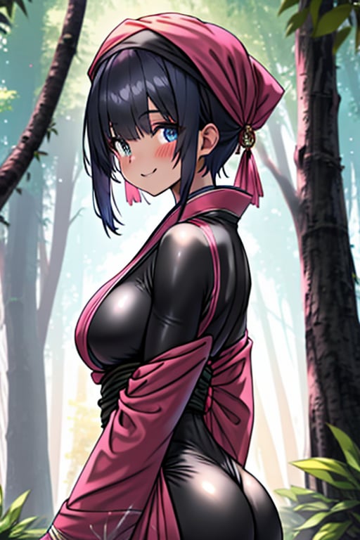 dark blue hair, blue eyes, pink kimono outfit with black edges, friendly face, a black spandex that covers his entire body, headscarf, killer, happy smile, bangs, in the forest at night, masterpiece, detailed, high quality, absurd, the strongest human of all, bringer of the world's hope, short hair, black lycra, masterpiece, excellent quality, excellent quality, perfect face, medium breasts,big ass,

