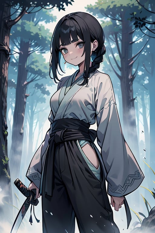 kind woman, black hair, medium hair, hair in braid down to her back, a single braid, dirty clothes, warrior, beast tamer, the killer of gods, black eyes, old clothes, alone, forest, kind smile, innocent, breasts small, tall woman, amazon, samurai, gray kimono jacket ideal for combat, wide pants, happy, friendly, good person, katanas sheathed at her waist, masterpiece, good quality, swords well positioned at her waist, good hands, aquamarine belt.



,hinata(boruto)