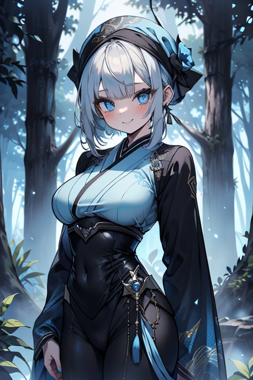 white blue hair, blue eyes, blue kimono outfit with black edges, friendly face, a black spandex that covers his entire body, headscarf, killer, happy smile, bangs, in the forest at night, masterpiece, detailed, high quality, absurd, the strongest human of all, bringer of the world's hope, short hair, black lycra, masterpiece, excellent quality, excellent quality, perfect face, medium breasts

