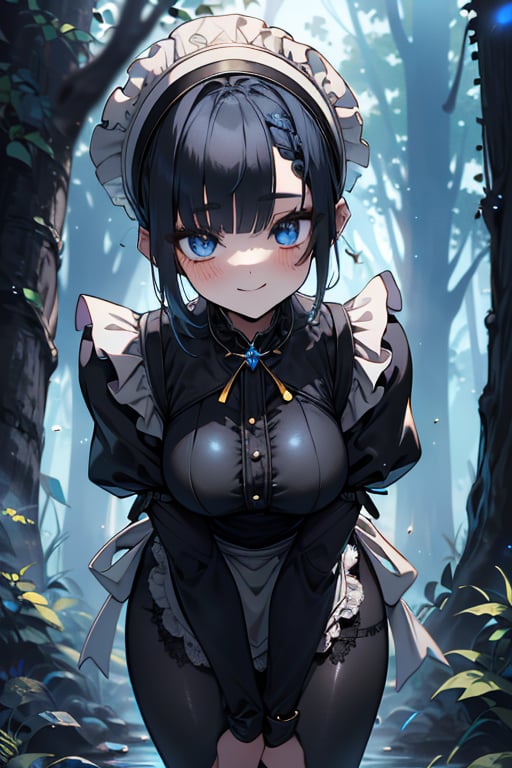 dark blue hair, blue eyes, yellow maid outfit, friendly face, a black spandex that covers her entire body, headscarf, killer, happy smile, bangs, in the forest at night, masterpiece, detailed, high quality, absurd, the strongest human of all, bearer of the world's hope, short hair, black lycra, black pantyhouse, masterpiece, excellent quality, excellent quality, perfect face, medium breasts

