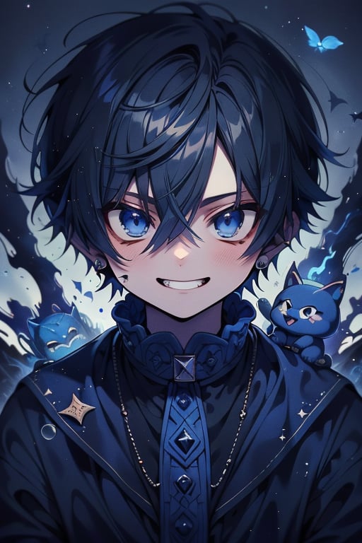 Man, dark blue hair, blue magician tunica, wide pants, friendly face, comedian, black gloves, happy smile, masterpiece, detailed, high quality, absurd, killer, prediction magician, very short hair, masterpiece, excellent quality , excellent quality, perfect face.



