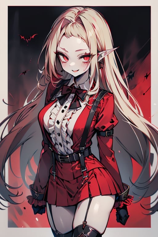 an arrogant woman, blonde, cold-blooded murderer, the final enemy of this world, medium breasts, pointed ears, vampire, eyes red like blood, smiling mischievously, red bowtie scarf, red suit with skirt with black borders, black crosses on his forehead, very pale skin, high_resolution, best quality, extremely detailed, HD, 8K, 1 girl, solo, sexy_figure, hot, 170 cm, tall_girl, LONG HAIR, DIAMOND THROAT, BLACK ASCOT, SEPARATED NECK, CENTER Ruffles, RED DRESS, RED SEPARATED SLEEVES, RED BELT, SKIRT WHITE, RED THIGH BOOTS, RED SUSPENDERS