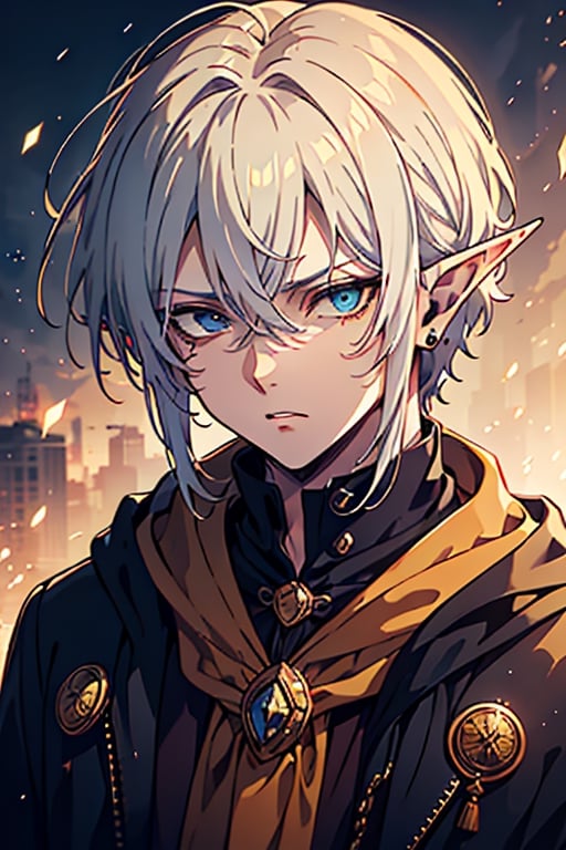 man, white hair, thief clothes, a siscon, arrogant, silly, serious, masterpiece, high quality, 4k, very good resolution,herochromatic, golden right eye and orange left eye, Fade cut for men, blue eyes,Elf's ears.
