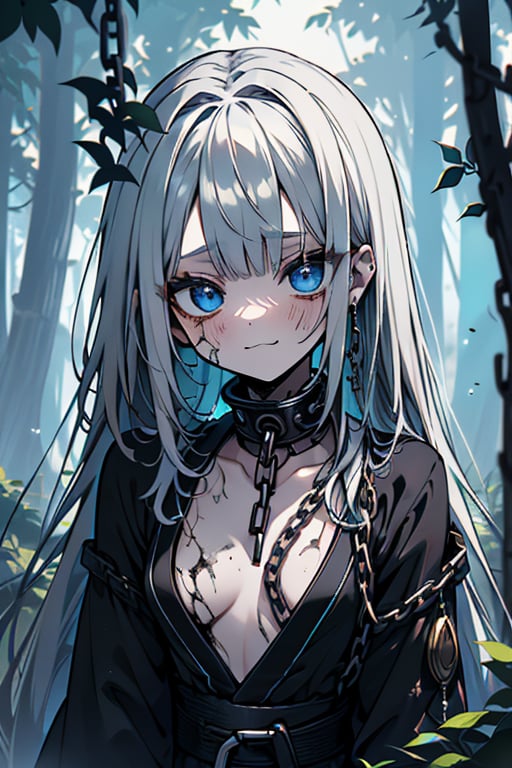 white hair, blue eyes, dirty and poor black kimono, sad face, lost, sad smile, slave, chains, bangs, in the forest at night, high quality, absurd, the human who longed for freedom, long hair, masterpiece, excellent quality, excellent quality, perfect face,teenager, small breasts, 16 year old appearance.


