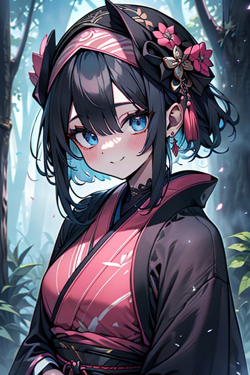 dark blue hair, blue eyes, pink kimono outfit with black edges, friendly face, a black spandex that covers his entire body, headscarf, killer, happy smile, bangs, in the forest at night, masterpiece, detailed, high quality, absurd, the strongest human of all, bringer of the world's hope, short hair, black lycra, masterpiece, excellent quality, excellent quality, perfect face.
