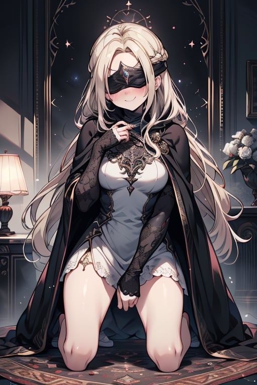 masterpiece, detailed, high quality, absurd, blindfirekeeper, 1girl, alone, blush, medium breasts, curvy, transparent white dress, black cape, black robe like a clairvoyant, guardian of the future, friendly smile, blonde, long hair, living room astrology, kneeling, black blindfold covers her eyes.


,blindfirekeeper