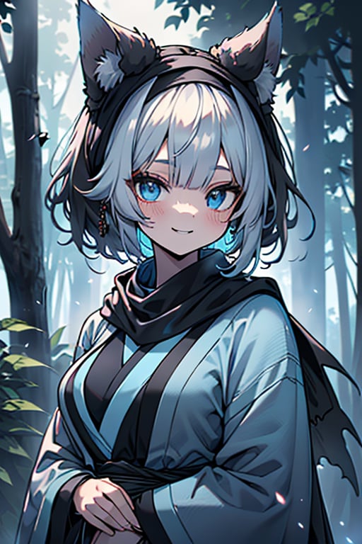 white blue hair, blue eyes, blue kimono suit with black edges, friendly face, a black spandex that covers his entire body, headscarf, killer, happy smile, bangs, in the forest at night, masterpiece, detailed, high quality, absurd, the strongest human of all, bringer of the world's hope, short hair, black lycra, masterpiece, excellent quality, excellent quality, perfect face, medium breasts, black scarf, kitsune ears.

