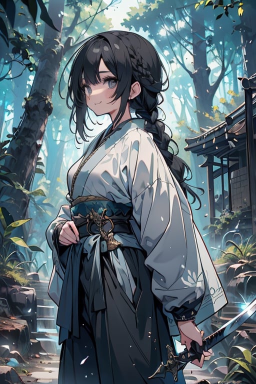 kind woman, black hair, medium hair, hair in braid down to her back, a single braid, dirty clothes, warrior, beast tamer, the killer of gods, black eyes, old clothes, alone, forest, kind smile, innocent, breasts small, tall woman, amazon, samurai, gray kimono jacket ideal for combat, wide pants, happy, friendly, good person,  masterpiece, good quality, swords well positioned at her waist, good hands, aquamarine belt.


