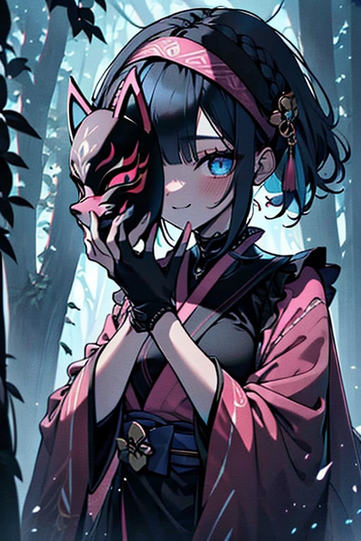 dark blue hair, blue eyes, pink kimono outfit with black edges, friendly face, a black spandex that covers his entire body, headscarf, killer, happy smile, bangs, in the forest at night, masterpiece, detailed, high quality, absurd, the strongest human of all, bringer of the world's hope, short hair, black lycra, black pantyhouse, masterpiece, excellent quality, excellent quality, perfect face, medium breasts,mask on hand, (fox mask, mask on the hand, put on mask)
