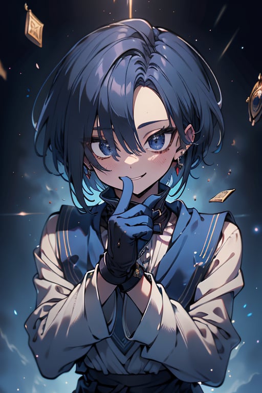 Man, dark blue hair, blue magician tunica, wide pants, friendly face, egocentric, black gloves, happy smile, masterpiece, detailed, high quality, absurd, killer, prediction magician, very short hair, masterpiece, excellent quality , excellent quality, perfect face.



