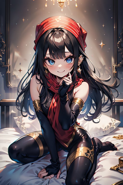 black hair, blue eyes, yellow babydoll with black edges, a red bandana with gold stripes, the edges have small gold touches, friendly face, a black spandex that covers her entire body, headscarf, killer, happy smile, bangs, masterpiece, star earrings, detailed, high quality, absurd, the strongest human of all, bearer of the world's hope, black lycra, masterpiece, excellent quality, excellent quality, perfect face, long hair, sexy pose, bed
