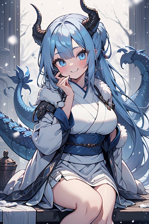 light blue hair, blue eyes, dragon horns, sorceress, magician's tunic, snow coat, smiling, mischievous, capricious, spoiled, pampered, white kimono, gadget sorceress, long hair up, long white skirt, good quality , masterpiece, excellent quality, perfect face, dragon tail.
