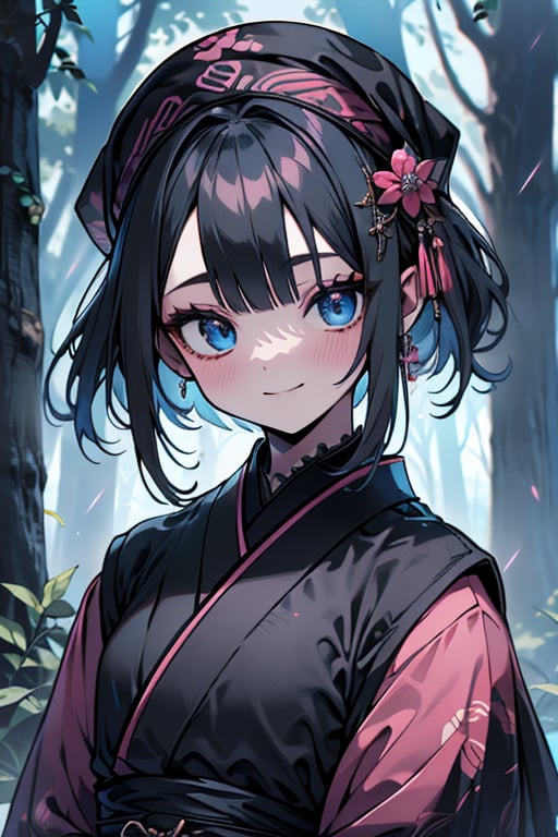 dark blue hair, blue eyes, pink kimono outfit with black edges, friendly face, a black spandex that covers his entire body, headscarf, killer, happy smile, bangs, in the forest at night, masterpiece, detailed, high quality, absurd, the strongest human of all, bringer of the world's hope, short hair, black lycra, masterpiece, excellent quality, excellent quality, perfect face.
