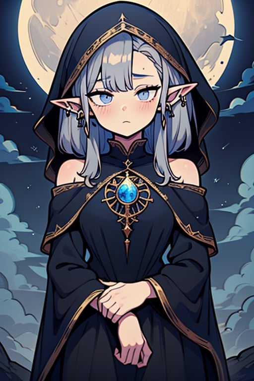 gray hair with blue tones, black witch clothes, moon earrings, gray eyes, dark circles, sleepy, dream witch, pointy ears, elf,  medium hair., veil.