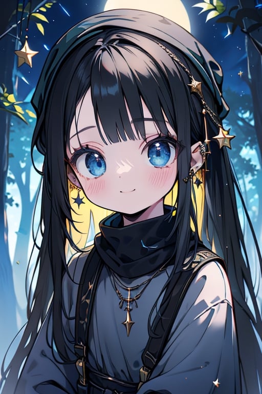 black hair, blue eyes, yellow attush, friendly face, headscarf, little girl, happy smile, bangs, in the forest at night, masterpiece, star earrings, detailed, high quality, absurd , strongest human being of all, bearer of the hope of the world, long hair, necklace of scales,perfect face,8 year old girl.
,best quality