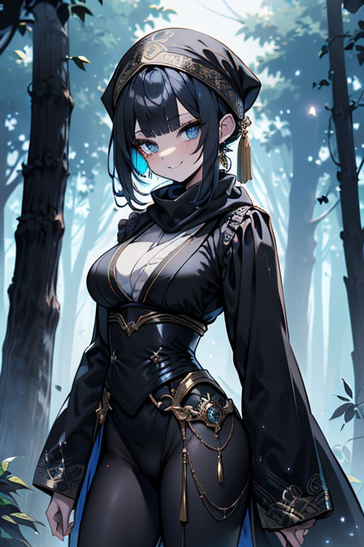 dark blue hair, blue eyes, gold kimono suit with black edges, friendly face, a black spandex that covers his entire body, headscarf, killer, happy smile, bangs, in the forest at night, masterpiece, detailed, high quality, absurd, the strongest human of all, bringer of the world's hope, short hair, black lycra, masterpiece, excellent quality, excellent quality, perfect face, medium breasts, black scarf, judge, lawyer, judge's robe , toga

