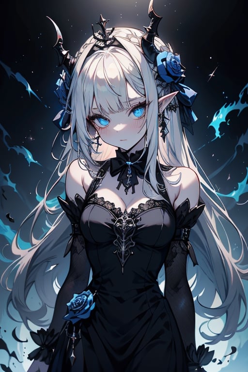 white hair, deep blue eyes, aura of dark power, the most powerful being in the world, queen of darkness, lost look, pointed ears, black dress with blue edges, killer of gods, the one who killed Lucifer, incarnation of the gods dragons, masterpiece, very good quality, excellent quality, perfect face, small breasts, serious face, dazed, calm, kuudere, eyes with blue flames, looking down, as if on top of the world, horns, fake goddess, bare shoulders, long skirt, gothic, Mullet Bangs, staring, sad expression, blue roses in her hair and her dress,emanates the power of chaos within her,black sclera,black bow tie, domino dresses from the Victorian era.
