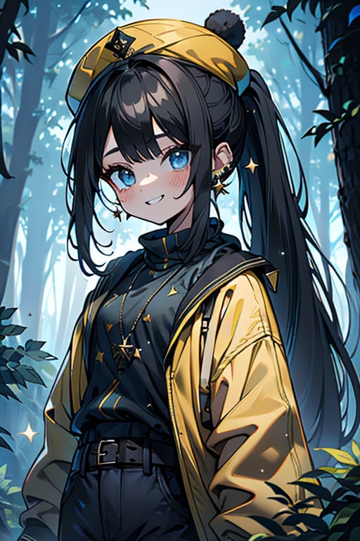 black hair, blue eyes, yellow jacket with black edges, black French hat, friendly face, blue pants, killer, happy smile, bangs, in the forest at night, masterpiece, star earrings, detailed, high quality, absurd, the strongest human of all, bringer of the world's hope, hair in ponytail, long sleeve, masterpiece, excellent quality, excellent quality, perfect face.
