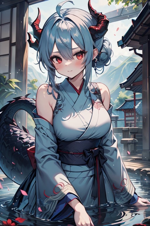 dragon woman, wingless, medium hair, shy face, blue kimono, blue hair, dragon horns, dragon tail, red eyes, dragon horns, medium breasts, beautiful, the sword maiden, tail attached to the body, her power comes from of primordial water, masterpiece, very good quality, excellent quality, perfect face, samurai, mother of the family, master of combat, wise, bangs that cover her eyes,hair up,Japanese house.