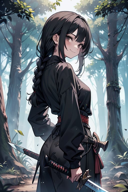 kind woman, black hair, medium hair, hair in a long braid down the back, dirty clothes, warrior, dual sword wielder, beast tamer, god slayer, black eyes, old clothes, sweatshirt, alone, forest, smile kind, innocent, small breasts, tall woman, amazon, samurai.

